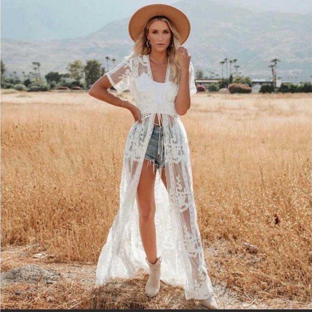 New Boho Flowy Kimono Maxi Cover Up Beach Surf Sun Sexy Swim Dress White B0200